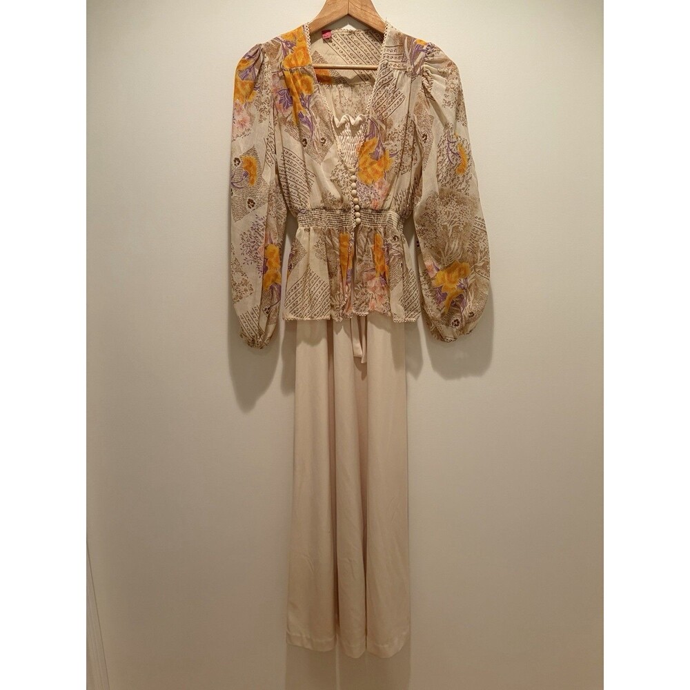 Vtg 70’s 2 Pc Cream Purple Orange Maxi Dress Smocked Prairie Romantic Sz 7 READ